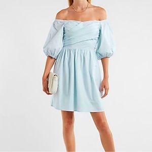 Express off shoulder mini dress size S. New with tags. Light blue